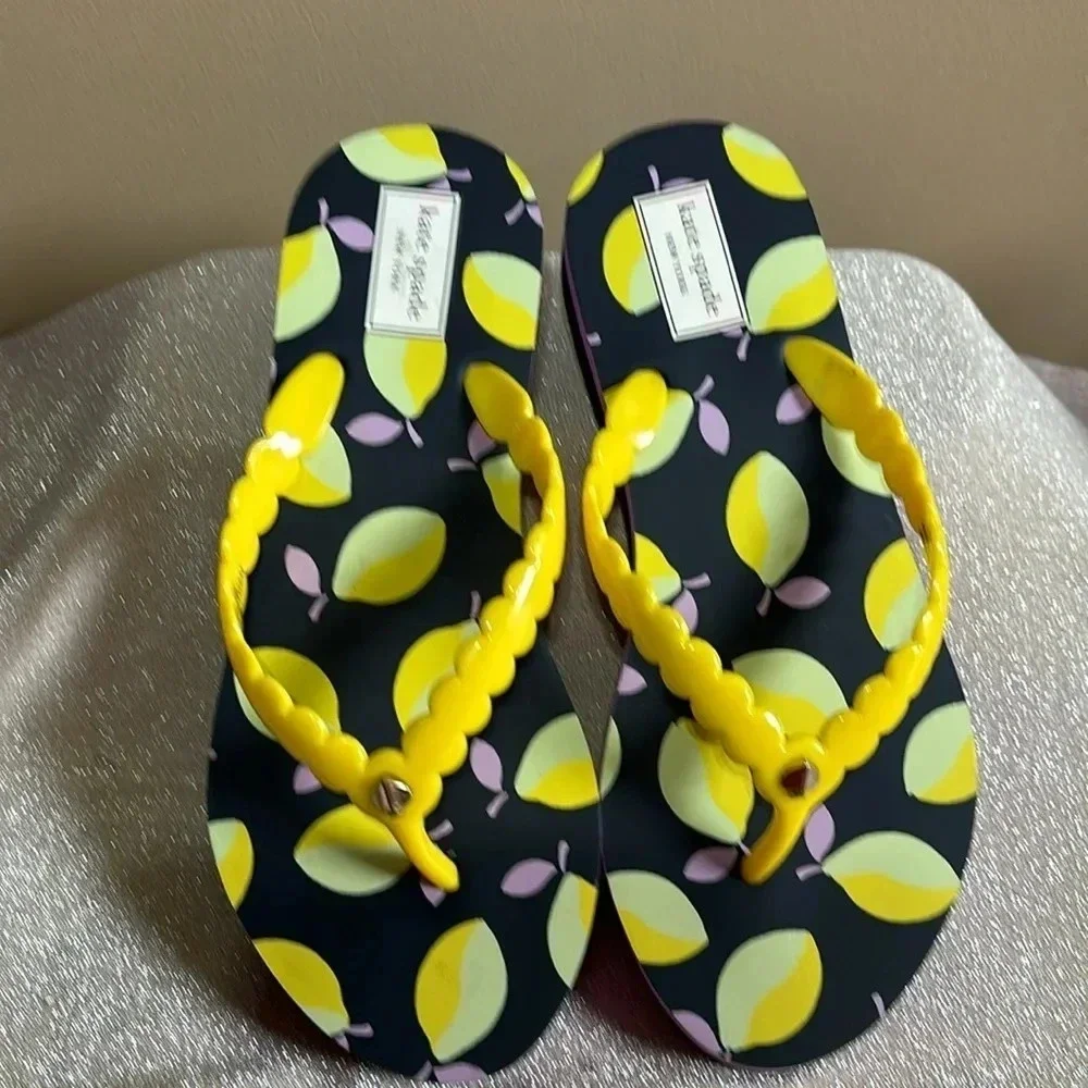 Kate Spade Malter Lemons Wedge Thongs Pink & Yellow Size 7 NWOT
